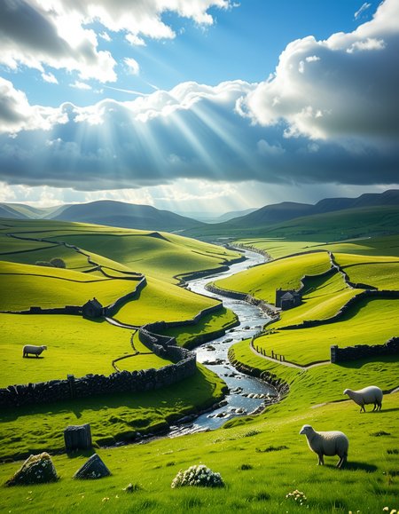 A breathtaking, high-resolution photograph of the rolling plains of Ireland, stretching endlessly under a vast, cloud-streaked sky. The landscape is a lush, vibrant green, with gentle hills covered in soft grass and dotted with scattered wildflowers. Ancient stone walls and winding dirt paths cut through the fields, marking old farmland boundaries. In the distance, a few solitary sheep graze peacefully, their white wool contrasting against the emerald grass. A small, clear river meanders through the valley, reflecting the soft light of the sky. The horizon is framed by low, misty mountains, adding depth and mystery to the scene. Above, the sky is a mix of bright blue and fluffy white clouds, casting dynamic shadows across the landscape as beams of sunlight break through. The atmosphere is serene, timeless, and rich with the natural beauty of the Irish countryside.
<lora:SDXLFaeTastic2400:0.4> <lora:extremely_detailed:0.4> extremely detailed, <lora:rolling_plains_of_1r3l4nd:1>,rolling plains of 1r3l4nd, Masterpiece,best quality,hi res,8k,hi res,8k,award winning,(sharp focus, intricate, highly detailed),