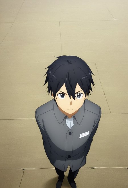 high resolution, professional photography, solo, best quality, 1Boy, Kazuto Kirigaya, Black Hair, Black Eyes, standing, straight facing upwards, casual, seen from above, arrogant face, dominant, intimidate, OverallDetail