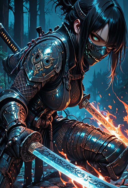 (masterpiece), (best quality), (8k), 1girl, cinematic lighting, dynamic action pose, highres, very detailed, amazing quality, masterpiece, fujimoto_tatsuki, fujimoto_tatsuki_(style), 
very aesthetic, intense,
particle effect,
1girl, shadowheart, samurai, solo, layered samurai armor, engraved, bodysuit, tight clothing, fishnets, sleeveless, futuristic armor, runic symbols etched in armor, armored legs, full mask, halfmask, flaming katana, 
assassin theme, japan theme,
looking at viewer, tough pose,
mountains, 
at night, night, close up, closeup,
