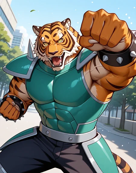 <lora:Armour_Tiger_(Astro_Fighter_Sunred)_(Illustrious)_(AD):1> Armour Tiger, muscular, Sunred, 
dutch angle, exterior, city park, city, trees, houses, apartments, Japanese style modern architecture, 
villain, strong, powerful, large shoulders, large biceps, thick neck, veiny muscles, green chest armor, fighting pose, dynamic action, bent arm, punch, 
BREAKvery awe, aesthetically pleasing, masterpiece, best quality, amazing quality, very aesthetic, perfect depth of field shot, gradient style coloring, 
EZRealPONYXL, zPDXL, Smooth Quality, lazympos, IllustQualXL_Pos,