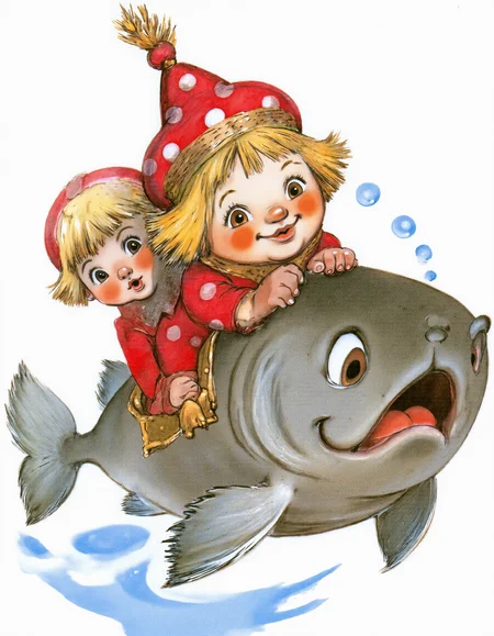 <lora:lv:1>, This image is a whimsical, hand-drawn illustration in a playful, cartoonish style. It features two children, one slightly older and one younger, riding on a large, gray fish. The older child, who is in the foreground, has a cheerful expression with wide eyes and rosy cheeks. They are dressed in a red outfit with white polka dots and a matching hat adorned with a red pom-pom. The younger child, positioned behind the older one, has light blonde hair and a similar joyful expression. They are also wearing a red outfit with white polka dots and a matching hat., 
The fish, which appears to be swimming, has a smooth, gray surface with a few fins visible. The background is minimalistic, with a few splashes of water and bubbles around the children, suggesting movement and a playful environment. The colors are vibrant and bold, with the reds and whites standing out against the gray and blue tones of the fish and water. The overall texture is soft and slightly grainy, typical of traditional watercolor painting. The illustration captures a sense of joy and adventure, with the children's expressions and the dynamic movement of the fish adding to the lively atmosphere.
