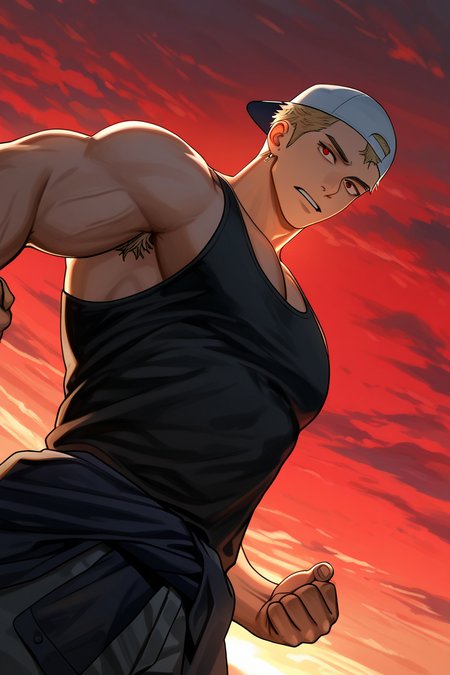 realistic shading, natural lighting, male focus, expressive serious face, urektg, red_urektg_eyes, blonde_urektg_short hair, white_urektg_backwards baseball cap, yellow_urektg_earrings, 1boy, standing, raised clenched fist, tank top, armpit hair, muscular male, floating clothes, windy, shadow, afternoon outdoors stone, red sky, cloudy sky, sunset, foreshortening, dutch angle, dynamic angle, dynamic action, intricately detailed illustration, cinematic, depth of field, atmospheric perspective, masterpiece, best quality, amazing quality, very aesthetic, absurdres, newest