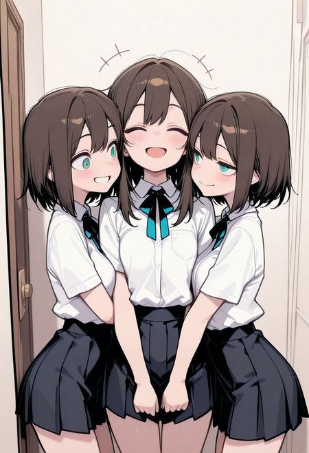 masterpiece,best quality,amazing quality, happy, 3girls, sandwiched, hugging,  masterpiece, best quality, highly detailed,