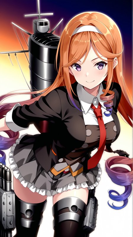 source_anime, general, best quality, masterpiece, 1girl,  <lora:yuugure_ill:1> yuugure \(kancolle\),long hair, multicolored hair, gradient hair, orange hair, purple eyes, asymmetrical sidelocks, drill hair, purple hair, grey skirt, black thighhighs, white hairband, black jacket, black gloves, blazer, rigging, red necktie, torpedo launcher, dynamic pose, dutch angle,