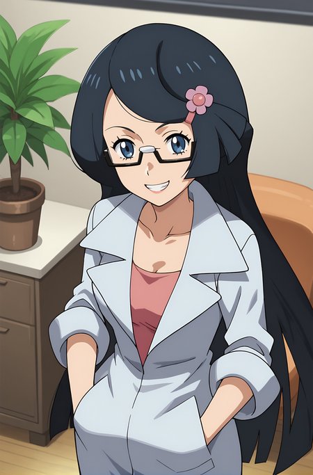 score_9, score_8_up, score_7_up, score_6_up, source anime, anime, animification, anime screencap, anime coloring, vivid colors, shiny skin, skindentation, deep skin, depth of field, high quality, highres, (dynamic angle,dynamic pose),
fennel \(pokemon\), 1girl, long hair, smirk, teeth, clenched teeth, shirt, black hair, hair ornament, collarbone, blue eyes, upper body, flower, :d, glasses, hairclip, indoors, munna, pokemon \(creature\), plant, semi-rimless eyewear, labcoat, potted plant, monitor
BREAK
masterpiece,high quality
<lora:Fennel_PokemonPony:0.9>