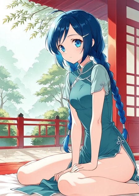 <lora:Ling-Er__Battle_Through_the_Heavens__Illustrious:1>
1 girl, solo, blue eyes, blue hair, braid, twin braids, long hair, ahoge, chinese clothes, short sleeves, hair ornament, hairclip, 
score_9, score_8_up, score_7_up, masterpiece, best quality, absurdres, perfect anatomy, 1girl, solo, wariza, sitting, hands on own knees, garden background