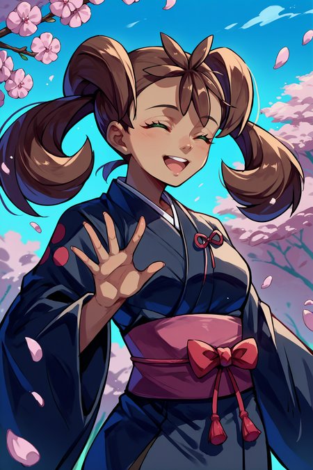 score_9, score_8_up, score_7_up, score_6_up, source_anime, 1girl, solo, <lora:pkmnshauna-pdxl-nvwls-v1-000005:1>  defSana, dark-skinned female, twintails, brown hair, long hair, green eyes, black kimono, sash, closed eyes, happy, blue sky, cherry blossoms, medium breasts