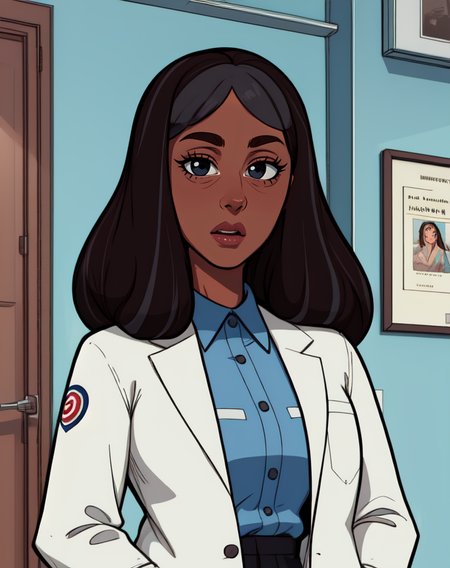 priyanka, brown hair, grey streaked hair,  black eyes, long hair,  half-open eyes, 
labcoat,  blue collared shirt, khakis, 
standing, upper body,  
hospital,  indoors, 
(insanely detailed, beautiful detailed face, masterpiece, best quality), solo,
 <lora:priyanka:0.7>