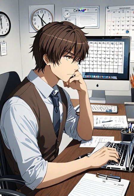 Highres, Masterpiece, High Quality, 4K, 8K, solo, 1Boy, Seiya Kanie, short dark brown hair, golden eyes, worker, working, office space, office desk, white wall, carpet floor, office chair, sitting, concentration, focus, think, fidget, pen, notepad, laptop, coffee, water bottle, document, calendar, calculator, wall clock, easynegative, detailed_eye_model