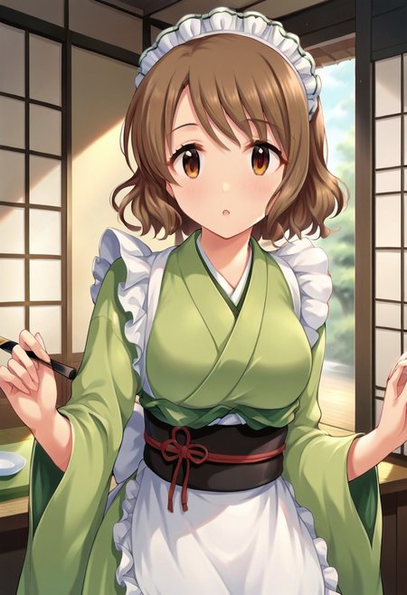 score_9, score_8_up, score_7_up, source_anime,tsukimiya miyabi, brown hair, brown eyes, short hair, 1girl, japanese clothes, solo, wa maid, kimono, maid headdress, green kimono, apron, looking at viewer, sash