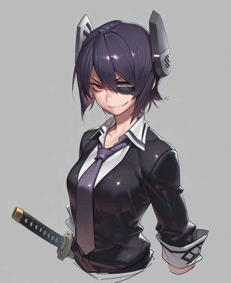 <lora:amrkdrw:1> amrkdrw,
(masterpiece), (best quality), (ultra-detailed), amazing quality, very aesthetic, illustration, perfect composition, intricate details, absurdres, incredibly absurdres, shiny skin, realistic,
 amrkdrw, headgear, short hair, smile, grin, 1girl, eyepatch, red eyes, necktie, purple hair, weapon, sword, gloves, simple background, solo, sensitive