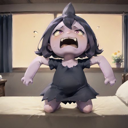 score_9, score_8_up, score_7_up, score_6_up, (((corrupted, possessed))), asymmetrical partial transformation, (cutie), full body, petite cute, plush proportions, (banette girl), transformation, bytransform, feral transformation, (feral), mid-transformation, nubile 18yo girl, f3mp0v, (realistic fabric texture, realistic skin), acerola partially transformed into a banette, her arms are growing unnaturally long flat as they asymmetrically unevenly transform into long banette arms with larger forearms, her legs are shrinking and asymmetrically very short, tiny nub legs, featureless feet, orso is starting to shrink and become round transforming into a banette torso, bright pink skin torso arms legs, (her dress is falling off:1.2), Banette, solo, pokemon (creature), fabric skin, acerola (pokemon), collarbone, purple dress, stitches, multicolored dress, armlet, short, ((intense pleasure and (intense fear))), shouting, screaming, scared, sweating, dotted seams, (cutie, young, soft features:1.1), evening, bedroom, scary, empty, dark, low lighting, well lit, dim, ripped clothes, dynamic lighting, nighttime, night time, anthro face, tiny legs, living plushie, animate inanimate