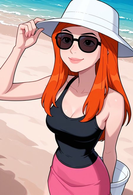 gwenuaf, 1girl, long hair, black tank top, long pink summer skirt, white bucket hat, sunglasses, solo,, orange hair, lips, breasts, smile , masterpiece, best quality, amazing quality, very aesthetic, absurdres, newest, on the beach, summer vacation,