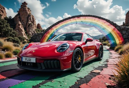 bronze object, silver frame, 
Porsche 911 GTS driving along a rainbow bridge in a mythical landscape filled with magical creatures, vibrant colors, fantastical and dreamlike setting, numberplate reads FLUX, 
secretlab