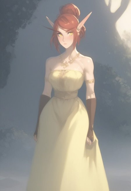 masterpiece,best quality, highly detailed, score_9, score_8_up, score_7_up, score_6_up,source_anime, BREAK, bldelf, small pointed ears, yellow eyes, colored skin, standing in forest, front to viewer, waist up portrait,
knee length dress, yellow flowing dress, puffy dress, poofy arm dress, frilly dress, exposed shoulders, open back dress, wide hips, thick thighs, skinny, muscles, perfect body, red hair, hair bun, big hair, 
solemn, stoic, calm, blush, hot, sweaty, wet skin, warm, heat, looking to viewer, elbow gloves, hands in front,
sunlit, rock, shadow, night time,
portrait, closeup shot, 8k, very detailed, very detailed, high detailed texture, deep of field, cinematic illumination, volumetric lighting,