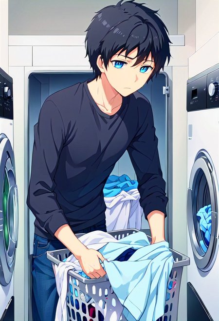 high resolution, solo, best quality, 1Boy, Arata Kaziaki, Black Hair, Blue Eyes, Laundry day, washing machine, folding clothes,