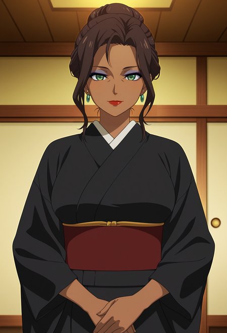 1girl,solo,mm,mature female,dark-skinned female,brown hair,hair bun,single hair bun,makeup,lipstick,green eyes,earrings,anime coloring,
black kimono,own hands together, looking at viewer, light smile, indoors,cowboy shot, 
,masterpiece,best quality,amazing quality,<lora:Amida_Arca-Gundam_Iron-Blooded_Orphans:0.8>