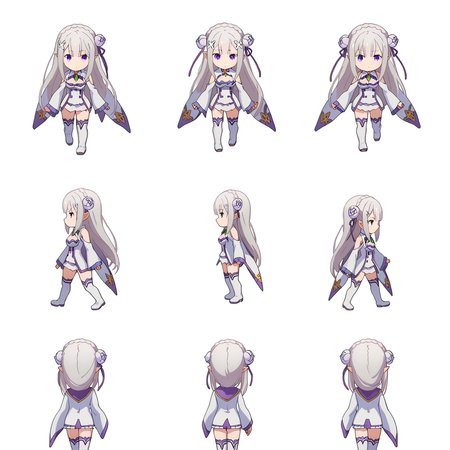 score_9, score_8_up, score_7_up, source_anime,
BREAK
 <lora:shiSpriteTestPart30:0.95>, sprite sheet,  chibi, multiple views, how to, 
simple background, white background,
1girl, solo, anime screencap, anime coloring, 
<lora:shiEmiliaV2:1> shimilia, long hair, grey hair, purple eyes, pointy ears, crown braid, hair flower, hair ribbon, purple ribbon, x hair ornament, white dress, cleavage, bare shoulders, wide sleeves, white thighhighs, thigh boots,
