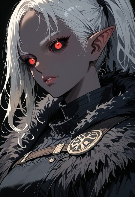 (score_9, score_8_up, score_7_up), source_anime, anime, waist-high image, drow, ((ash-gray skin)), red pupils, black sclera, ((white hair)), wavy hair, ((high long ponytail)), ((thick hair)), fur cape, black armor, ((female)), elf, calm face, handsome, solo, fantasy clothing, ((dark blue skin)), black background, viking, dark elf, darkest elf, rich clothes, big fur cape, ((black eye sclera)), hair in a high ponytail
