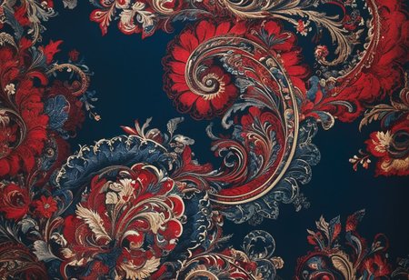 photo of a paisley pattern, official art, aesthetic, dynamic angle, hyper detailed, order and chaos, dark colors, (extremely detailed, intricate details, masterpiece, best quality, 8k wallpaper:1.4), dramatic lighting, (dark blue and madder red palette:1.2), boteh, paisley, navy blue, madder red, almond