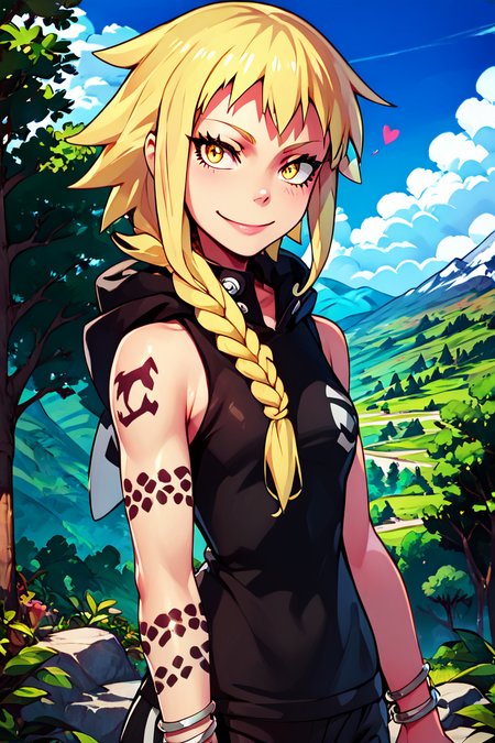 score_9, score_8_up, score_8, medium breasts, (curvy), cute, eyelashes,       BREAK, , zzMedusa, blonde hair, long hair, braid, yellow eyes, tattoo,  hood, jewelry, bracelet, sleeveless, nail polish, hoodie, braid, black nails,  <lora:Medusa_SoulEater_PDXL_v2:1.0>, BREAK, looking at viewer, smile, outdoors, sky, day, cloud, tree, blue sky, mountain, cowboy shot, ,,, embedding:zPDXL, Expressiveh, ,,, <lora:Alola_Style_PDXL:0.8>, <lora:CatalystStylePDXL:0.8>, <lora:Expressive_H-000001:0.4>,