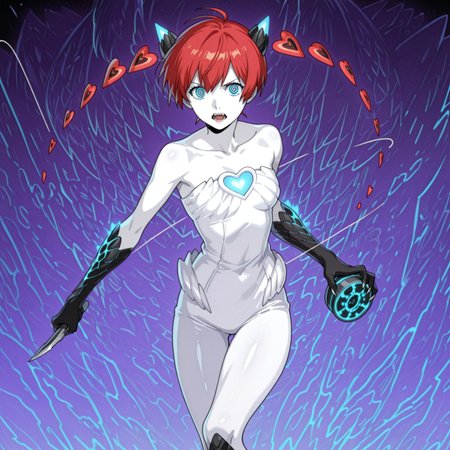 lazypos,anime screencap, 1girl, solo
Sophia Persona, red hair, detached hair, hearts, defaultsophia, twintails, hires, sharp, Devil Trigger, monster form,monster, horns, white skin, blue glow, claws, fangs, holding weapon, yo-yo 
BREAK,
, vibrating colors, (hig contrast, shiny skin, bright colors)