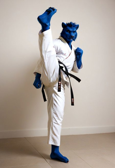 (((Barefoot furry character, full body, cinematic setting, furry male, plantigrade))) 
(((Beast from X-Man))), muscular, beefy, brawny, (((wears white kimono and lonh white pants))), (((performs karate kick))), high kick, lifted leg,  blue fur on entire body
BREAK, detailed background, 8K, (masterpiece:1.5), intricate details, highly detailed, extreme detail, octane render, fine art, best quality, highres, (detailed face:1.5), ((full_body)), UHD, (((perfect hands))), low light