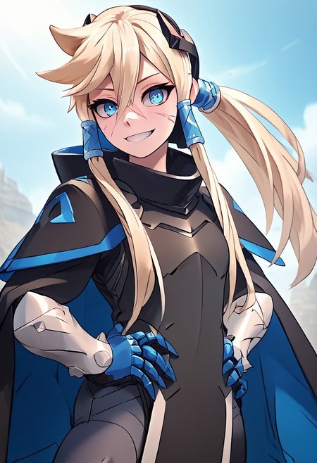 score_4,score_5,score_6,score_7_up,score_8_up,score_9 ((masterpiece,best quality,ultra detailed,highres,HD,4k:1.2)),
1 girl, solo, long hair, ponytail, blue eyes, sharp eyes, slanted eyes, hair tube, hair between eyes,facial scar, bangs, headgear,
cape, cloak, armor, spikes, gauntlets, 
standing,hand on hip,
smile,