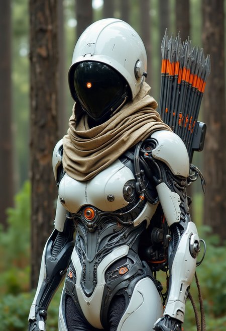 Recypu style, Cyberpunk highly detailed, high-resolution photograph.

A futuristic, armored archer set in a forested environment. The central figure is a humanoid character dressed in a sleek, high-tech suit with a metallic, white and silver color scheme. The suit features intricate, angular lines and a combination of smooth and textured surfaces, suggesting advanced materials and technology. The helmet is a glossy, opaque black with a small, glowing orange eye on the left side, giving the impression of a cybernetic or artificial intelligence. The character is equipped with a large quiver of arrows strapped to their back, each arrow having a metallic, grey shaft with orange detailing and a pointed tip. A beige scarf is draped around their neck, adding a touch of humanity to the otherwise cold, mechanical appearance. The background is a dense forest with tall, blurred trees, creating a sense of depth and mystery. The lighting is natural, casting soft shadows that accentuate the textures and details of the suit and the surrounding foliage. This image combines elements of science fiction and fantasy, evoking a sense of adventure and otherworldliness.