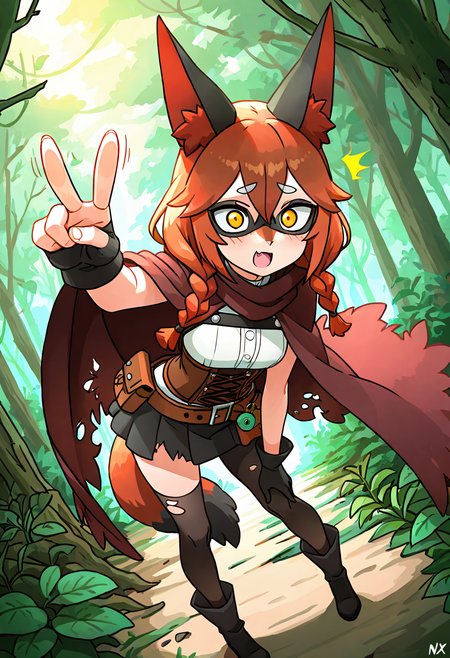 masterpiece, best quality, looking at viewer,      zzNickit, 1girl, solo,   twin braids, windswept fringe, tattered cloak, leather corset top, torn leggings, asymmetrical skirt, utility belt with pouches, overgrown forest ruins, mid-leap pose, alert expression, shafts of sunlight cutting through trees â Leaping from one mossy stone to another in a forgotten woodland shrine, she glances sharply to the side, twin braids snapping behind her. Her tattered cloak flares as she moves, revealing a weathered corset and belt stacked with tiny tools. Leaves crunch beneath her worn boots as she disappears into the ruins like a whisper in the underbrush.  ,<lora:NickitPokedex_IXL_v1:1.0>,  foreshortening, dynamic angle, close up, leaning forward,