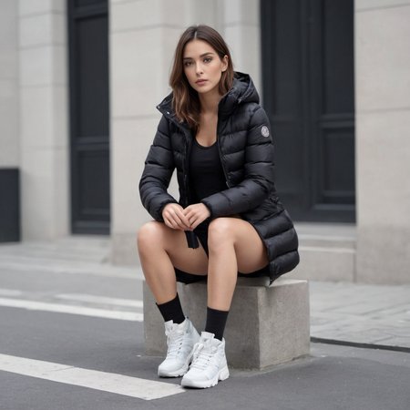 cute woman wearing a long black knee length moncler_hermine jacket (squatting: 1.5) in a street, hyperdetailed photography,4k textures,intricate details,4k resolution   ,  <lora:moncler_hermine_v1_r2-000007:0.3>