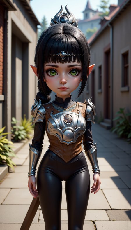 A claymation 
of a female character, 1girl, solo, breasts, looking at viewer, bangs, black hair, hair ornament, jewelry, standing, day, sword, armor, green eyes, nose scar, bodysuit, makeup