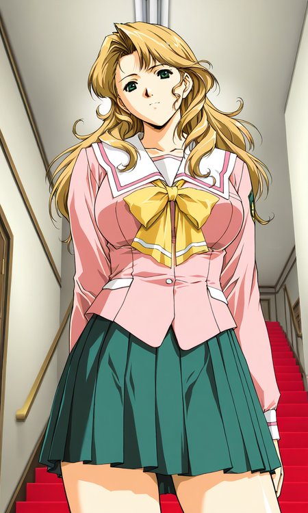 masterpiece, best quality, good quality, <lora:Maejima_Kaori_IS:1>  horibe hiderou style,
Maejima_Kaori, long hair, green eyes, blonde hair, large breasts, pink school uniform, green skirt, pleated skirt, pink serafuku, 
long sleeves, looking at viewer, Yellow bow, standing, looking at viewer, cowboy Shot, from below room, antique, red carpet,