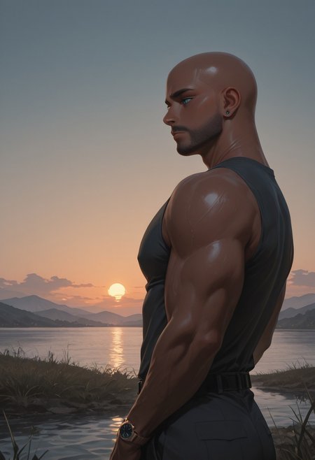 masterpiece, best quality, amazing quality, absurdres, newest, detailed background, definition so sharp, Ultra-HD, 8K cinematic, very awa, impressionate, amazing quality, highres, 
1boy, mbti_estj, muscular man, mature man, bald, dark skin, facial hair, blue eyes, watch, solo, lakeside, golden hour, gentle breeze, calm water, serene, natural light, soft glow, contemplating, looking at view, relaxed posture, earth tones, tranquil atmosphere, high quality, aesthetic, landscape