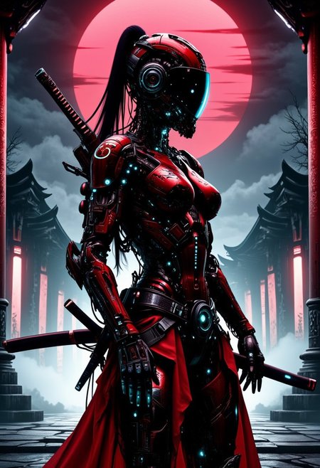 silhouette art, ink on ricepaper, female cyberpunk robot samurai, robot face with mirrored face shield, hyperdetailed helmet, red plated armour, robot joints, body made of metals, cables and wires, a katana strapped to her back, silhouetted at night outside eastern temple, chiascuro, directional lighting