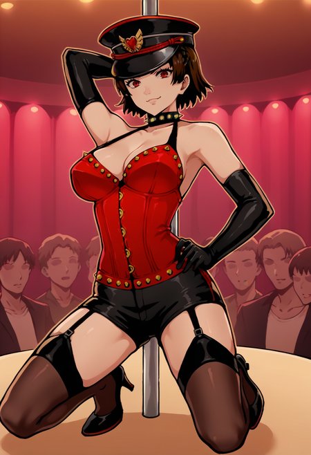 score_9, score_8_up, score_7_up, source_anime, 1girl, kneeling, smirk, looking at you, spread legs, hand on hip, arm behind head, BREAK <lora:MakotoP5-pdxl:1> lsMako, short hair, crown braid, peaked cap, spiked collar, red corset, big breasts, cleavage, halterneck, black elbow gloves, black short shorts, black thigh highs, garter straps, black high heels, indoors, nightclub, stripper pole, crowd