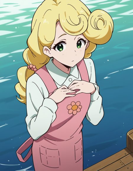 score_9, score_8_up, score_7_up, source_anime, <lora:kaori-hanase-s1-ponyxl-lora-nochekaiser:1>, kaoru hanase, long hair, blonde hair, hair over shoulder, green eyes, curly hair, otoko no ko,, apron, shirt, collared shirt, long sleeves, pink apron, denims, pants,, dock, water, boats, wood, mooring, , hands on own chest,, looking at viewer, solo,, dutch angle, cowboy shot