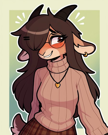 score_9_up, score_8_up, score_7_up, score_6_up, by remanedur, half length portrait, furry, blush, female, furry female, round glasses, turtleneck, turtleneck sweater, sleeves past fingers, sleeves past wrists, goat, horns, hairclip, brown hair, freckles, medium breasts, necklace, brown eyes, hair over one eye, ear piercing, plaid skirt, leg warmers, female, ring, long hair, tail, solo, smile, happy, three-quarter view, head tilt, tail, simple background, white outline, <lora:Leah_Pines(AIM)_XL_v1:0.15> <lora:PDXL_artist_tags_v2_big:0.5> <lora:The-Minuscule-Task_PDXL_v1.0:0.6>  <lora:Kiko_Jayrnski:0.7>