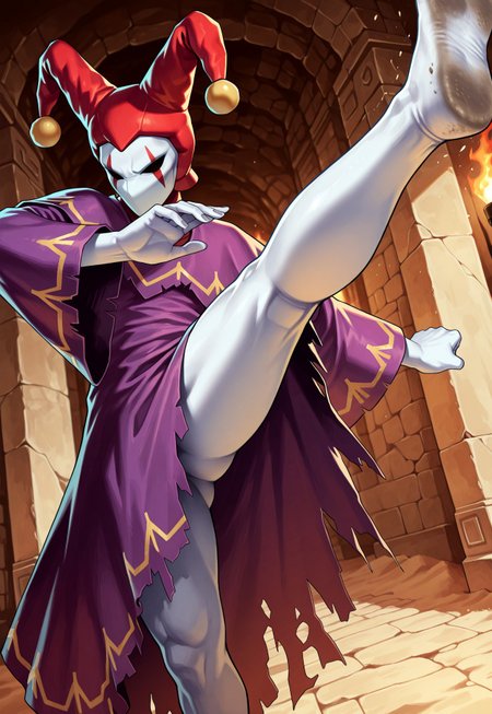 score_9,score_8,score_7,source_furry, (masterpiece, best quality, high quality:1.2), detailed hands,character focus, detailed skins, body blush, cinematic shadow, character focus, ultra detailed background, 
dutch angle,
<solo:1.5>, <1boy:1.5>, (anime:3.5), (official:3.5), (dynamic pose:1.8), (kicking:2.0), focus soles, reality soles, dirty soles, spread arms,
chariotsaga, 1boy, solo, male focus, 
jester, red headwear, looking at viewer, white skin, jester cap, pom pom (clothes), (faceless mask:1.2), facepaint, hat, robe, purple robe, torn robes, long sleeves, wide sleeves, barefoot, light gray color nails, 
ancient ruin background, indoor, dark orange stone wide rooms, torch wall, darkness, sand, desert,