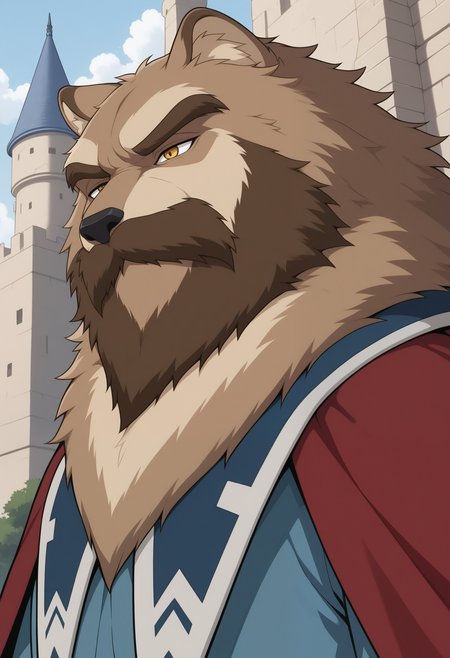 masterpiece,best quality,amazing quality, 1boy, solo, sh1nz4, furry, brown mustache, yellow eyes, blue mantle, light blue tunic, red cape, close up, side angle, castle, 
