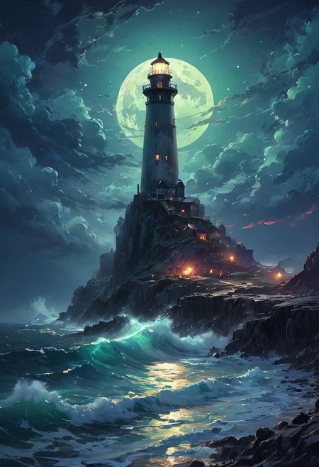 Under the eerie glow of a full moon, a dark and ominous landscape unfolds. A vibrant, colorful ship stands by the edge of a serene ocean, its vivid hues contrasting starkly with the foreboding atmosphere. In the background, a lighthouse stands atop jagged rocks, its light cutting through the darkness and reflecting off the ocean's surface, glistening in the moonlight. Thick, swirling clouds loom overhead, adding to the sense of an evil presence. The moonlight filters through the clouds, casting an otherworldly glow over the scene. A falling star streaks across the sky, adding a touch of mysticism to the night. The air is thick with a sense of ancient secrets and dark magic, as if the very night is alive with hidden power.  [romantic impressionism,dream scenery art,beautiful oil matte painting,romantic,style of thomas kinkade,beautiful digital painting,anime landscape,romantic painting,dreamlike digital painting,colorful painting,beautiful gorgeous digital art,style of greg rutkowski,janek sedlar,jenny saville:0]  <lora:vivid_everclear:0.6>  <lora:Sinozick:1>
