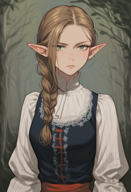(score_9, score_8_up, score_7_up), source_anime, anime,  female, tall, (lightly-brown hair in a single long braid), dark black slavik dress, green eyes, dark mysterious forest background, waist-high, gloomy, solo, female, serious, looking downwards, middle aged, upper body, elf, thick hair, nordic outfit, grayness, closed clothing, folk dress, layered clothing, looking out from under his forehead, long thick braid, sideways, tilted her head slightly to the side