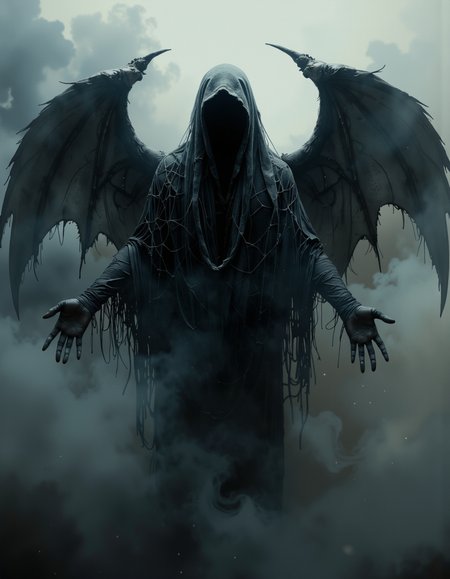 A cinematic photography.
Ornate and Intricate, cinematic photo long shot scenic professional photograph of a digital artwork depicting a haunting and eerie scene. The central character is a dark, shadowy figure draped in a tattered fabric, almost as if it were made of spider webs. The character's face is completely obscured, adding to the sense of mystery and fear. His hands, also covered in the web-like substance, are outstretched. The character has large, dark wings that are also made of the same web-like material, adding to the ethereal and otherworldly atmosphere.
The background is a foggy, misty scene with swirling, ethereal smoke or fog that creates a sense of depth and uncertainty. The colors in the image are mostly dark and muted, with shades of gray, black, and blue dominating. The texture of the web-like material is rough and stringy, giving it a realistic and tactile quality. The overall style of the work is dark fantasy, with the aim of creating a frightening and unsettling atmosphere through its strange and macabre elements. The image conveys a sense of foreboding and mystery, inviting viewers to contemplate the enigmatic nature of the central character.
