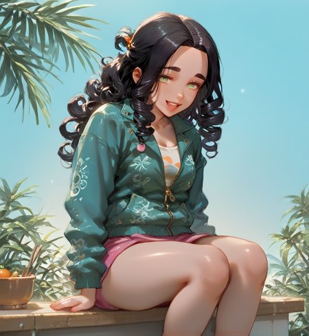 PonyScores7, source_anime, ah1, <lora:natsumi_style:1>, BREAK 1girl, (curly hair), long hair, (black hair:1.3), mature female, (parted hair:1.7), (round face:1.2), (thick eyebrows), (curvy), round-chin, (greenish hazel eyes), caucasian, (downturned eyes:1.2), (plump face), <lora:ETO_OCPonyXL:0.5> eto_oc, skindentation, (plump), thick thighs, wide hips, busty, voluptuous, kinky curls, lips, <lora:venus body PonyXL:0.4>, (smile, open mouth), (Sitting on a bench, hands clasped in the lap, lost in deep thought and contemplation), (cooking class together, they laugh at their mistakes and enjoy a delicious meal feeling accomplished and bonded), looking at viewer, (((Tropical Sunset, Orange, pink, purple, turquoise Oversized denim jacket with faux shearling lining and distressed details))), BREAK <lora:xl_more_art-full_v1:0.2>, <lora:shinyskin2:0.2> glistening skin, <lora:aesthetic_anime_v1s:0.2>, <lora:Expressive_H:0.2> Expressiveh, <lora:hairdetailpxl:0.2> hairdetailpxl, <lora:EpicF4nta5yXL:0.2>, <lora:detailxl:0.2> detailxl, <lora:Fant5yP0ny:0.2>, best quality, amazing quality, best aesthetic, absurdres, <lora:expressive eyes:0.2> expressive eyes, <lora:eyedetailpxl:0.2> eyedetailpxl, illustration, Volumetric_Lighting, ultra-detailed, very aesthetic, intricate details, 8k, masterpiece, best_quality, BREAK (full body), BREAK <lora:Eyes_High_Definition:0.3> EyesHD, Stable_Yogis_PDXL_Positives, AS-Adult, <lora:Complicated fantasy portrait - XL Pony V2.0:0.4>, bad-hands-5,
