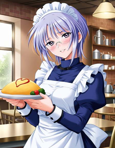 masterpiece, best quality, amazing quality, very aesthetic, absurdres, official art, ultra detailed,
1girl, solo, hikawa_aya(shinai), short hair, purple hair, purple eyes, glasses,  BREAK
maid, apron, maid headdress, embarrassed, smile, Seductive charm, blush, head tilt, parted lips, Seductive charm, looking at viewer, standing, pinup, holding plate, plate on omelet, cafe, front view, upper body, highly detailed
<lora:Hikawa_aya(shinai) v1.00-000015:1>