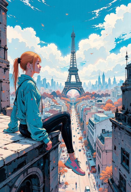 A dynamic anime-style illustration of a glamour woman sitting on the edge of a building in paris, overlooking the eiffel tower, high above the city. She has her legs stretched forward with her hands gently resting on her knees, her upper body leaning slightly forward. She wears a bright blue hoodie, black leggings, and vibrant pink sneakers with white soles. Her golden blonde hair flows naturally in the breeze.
The background features a vivid urban cityscape seen from an extreme height, with detailed skyscrapers, small cars, and bustling streets far below. The perspective emphasizes depth and height, creating a thrilling and adventurous atmosphere. The color scheme is dominated by bright blue and pink tones, with no orange elements.
The sunlight casts soft, warm shadows, enhancing the vibrant and energetic mood. The overall composition is dynamic and asymmetrical, with a strong sense of scale and movement in the scene.
<lora:Anime v1.3:1.2> <lora:Blue_Future:0.9> painted world