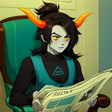 score_9, score_8_up, score_7_up, HD, best quality, masterpiece, tagora, 1boy, solo, homestuck troll, grey skin, coloured skin, yellow sclera, coloured sclera, black hair, long hair, small ponytail, teal eyes, horns, orange horns, black sweater, symbol on sweater, teal vest, TomReadingTheNewspaper, sitting, newspaper, chair, reading, indoors, luxury bedroom
