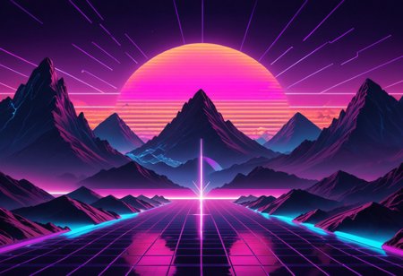 synthwave, vibrant neon, glowing mountains, electric sky, chrome structures, purple haze, retro grid, surreal horizon, dreamlike atmosphere, synthworld