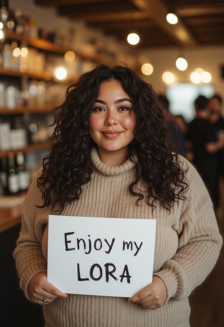 FictionalVera,a chubby homely latina woman, long curly hair, wearing a beige turtleneck, soft smile,holding a sign saying "Enjoy my Lora"