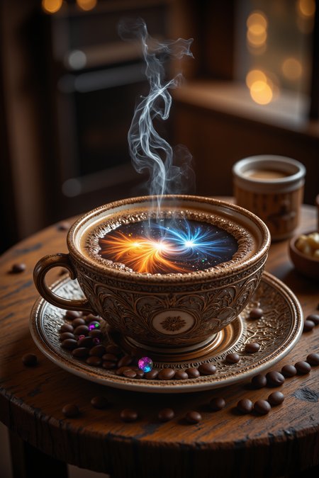 looking down into a cup of coffee on a rustic café table, The cup is extremely detailed and intricate, The coffee inside swirls magically with froth and glowing light and through it the viewer sees a distant universe as if peering through portal, steam swirls up like a building tornado, coffee beans and small colorful gemstones are scattered on the table, warm café and studio lighting, aidmasoftglow , aidmaMJ6.1, aidmaHyperrealism <lora:aidmaSoftGlow:0.6> <lora:aidmaHyperrealismv0.3:0.6> <lora:aidmaMJ6.1v0.4:0.4> <lora:NewFantasyCoreV3:0.6>